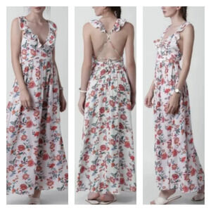 Forever Large 21 White Floral Ruffle V Neck Halter Open Back Cotton‎ Maxi Dress